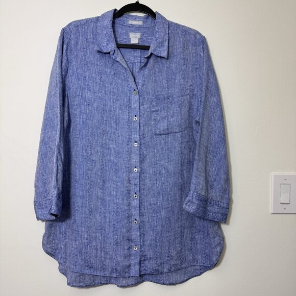 Chico's Tops - Chico's No Iron Linen Button Down Tunic Shirt Size 16 Embroidered 3/4 Sleeves